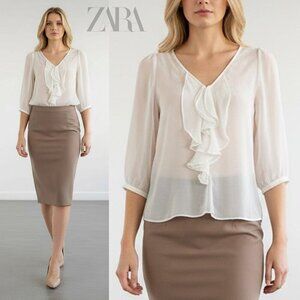 Zara Silk Organza Blouse Ruffle Front Sheer 3/4 Sleeve Cream Fairy Size L